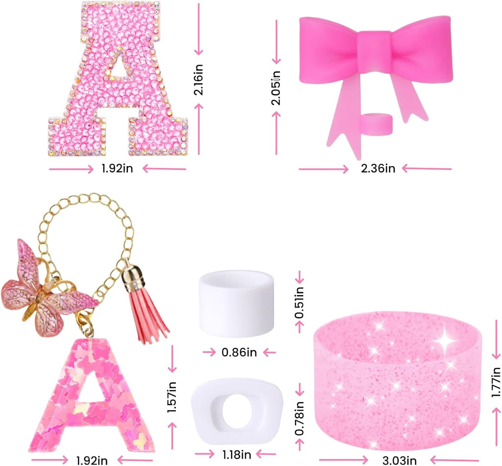 Stanley Cup Accessories Set - 6PCS Pink Initials Decorations for 30oz & 40oz Cups | Includes Bow Straw Topper & More