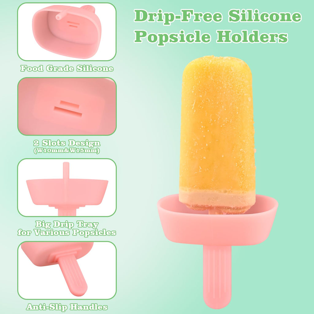 WMKGG Silicone Popsicle Holders for Kids, 4 Pack Reusable Drip-Free Ice Pop Stick Holder with Straw Brush, Fit Standard and Wide Sized Sticks Drip Free Popsicle