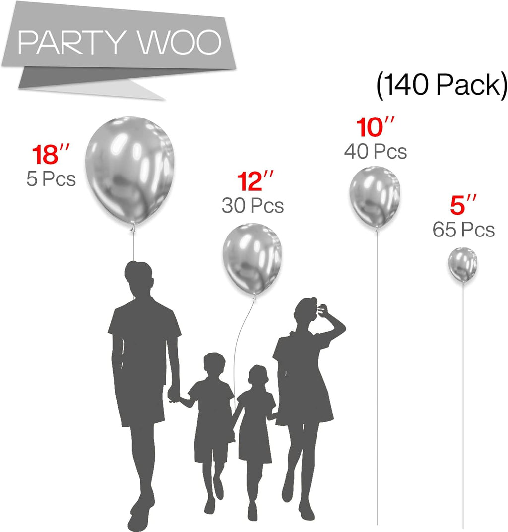 PartyWoo Silver Balloon Arch Kit - 140 Pcs in Various Sizes for Birthday, Graduation & Wedding Decor