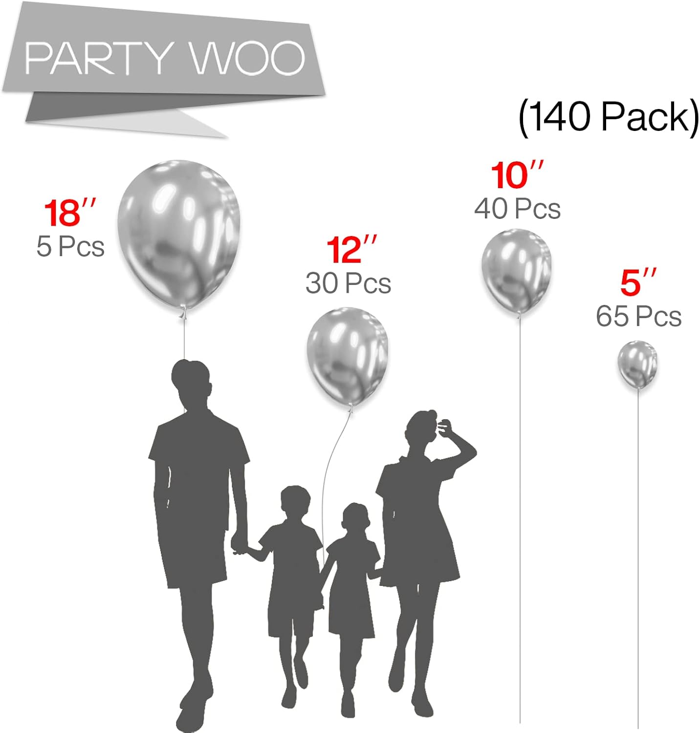PartyWoo Silver Balloon Arch Kit - 140 Pcs in Various Sizes for Birthday, Graduation & Wedding Decor