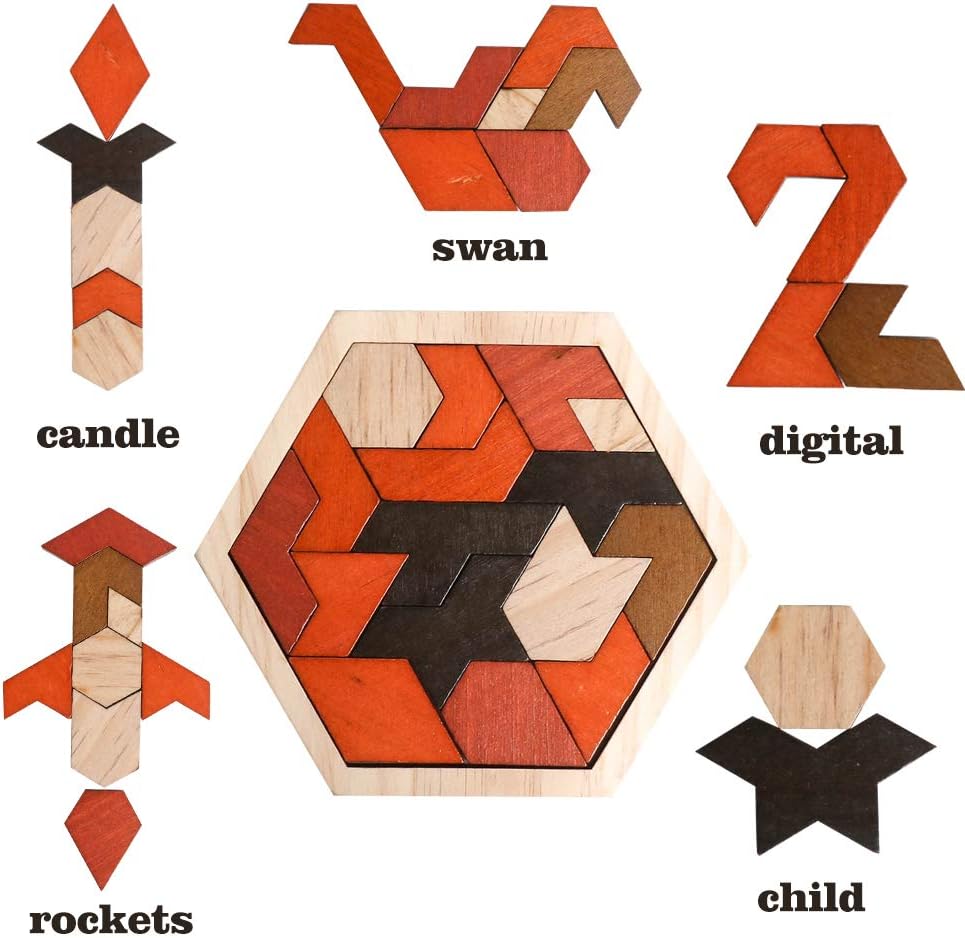 Skrtuan Wooden Hexagon Tangram Puzzle - Educational Brain Teaser for Kids & Adults | Portable Montessori Toy