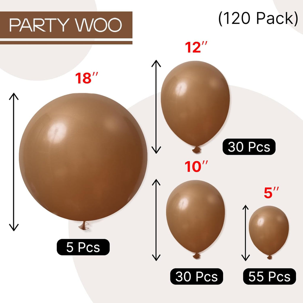 PartyWoo Brown Balloons - 120pcs Boho Neutral Fall Arch Kit | 18", 12", 10", 5" Sizes for Birthday & Baby Shower