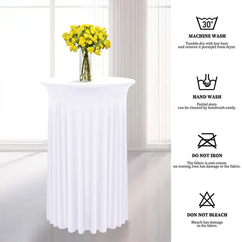 REWOMC 10 Packs Round Cocktail Table Skirt 24"x 43" Spandex Stretch Cocktail Tablecloth with Wavy Drapes, White Spandex Fitted High Top Table Covers for Wedding Bar Party Birthday Banquet Tables