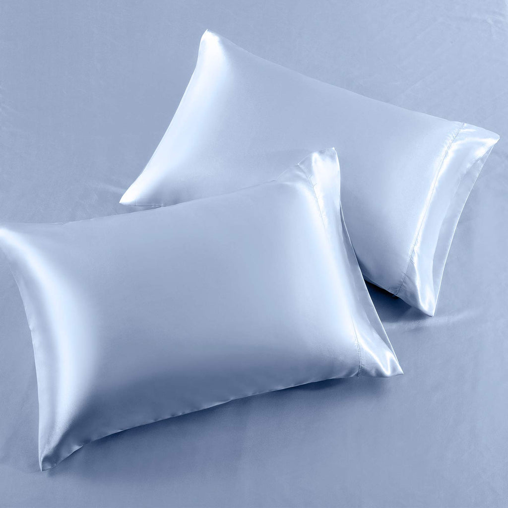 SiinvdaBZX 3-Piece Set Satin Twin XL Fitted Sheet & 2 Pillowcase, Baby Blue Silky Soft Fitted Bottom Sheet Twin Extra Long Bed Sheets, Wrinkle Free, Fade Resistant (Deep Up to 15")
