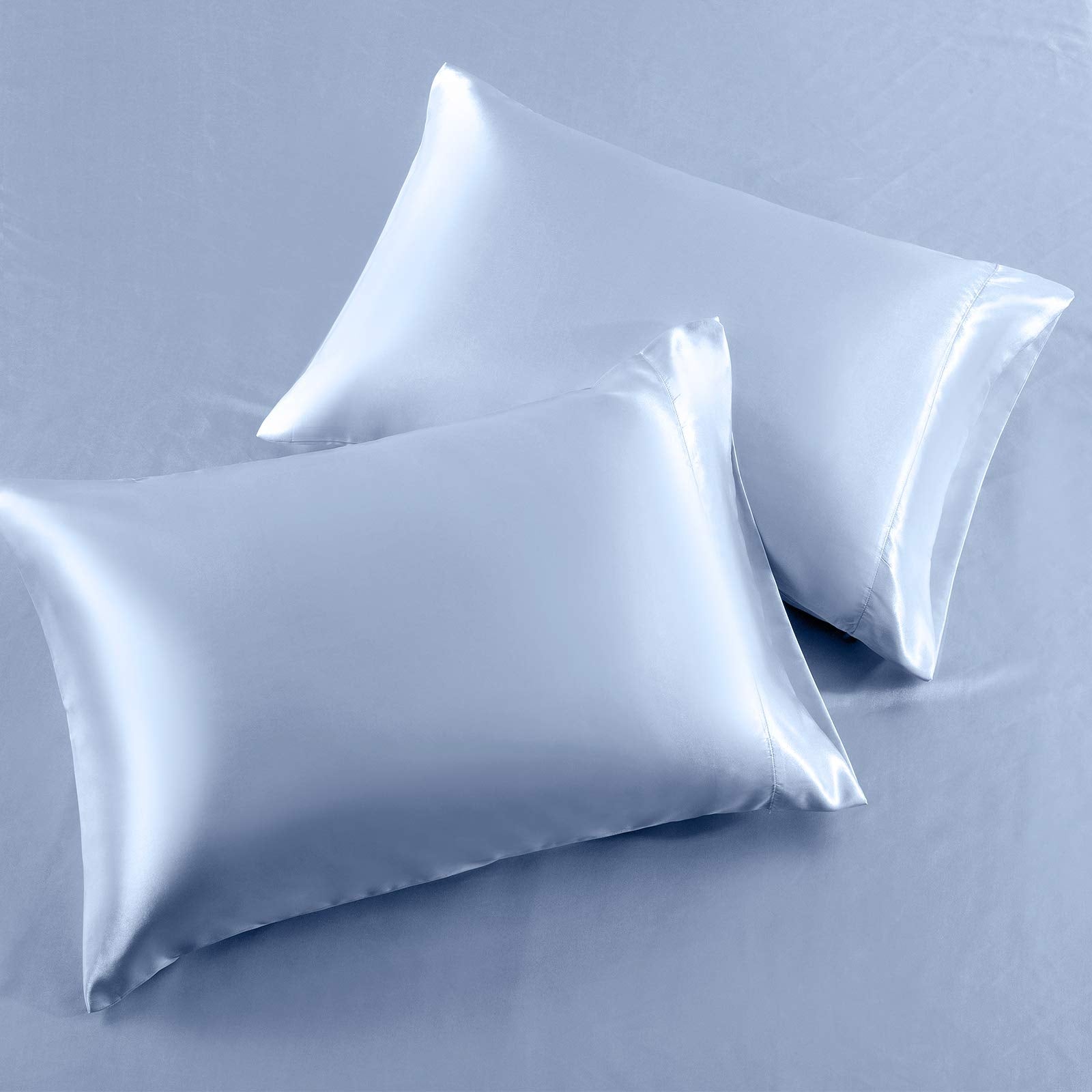 SiinvdaBZX 3-Piece Set Satin Twin XL Fitted Sheet & 2 Pillowcase, Baby Blue Silky Soft Fitted Bottom Sheet Twin Extra Long Bed Sheets, Wrinkle Free, Fade Resistant (Deep Up to 15")