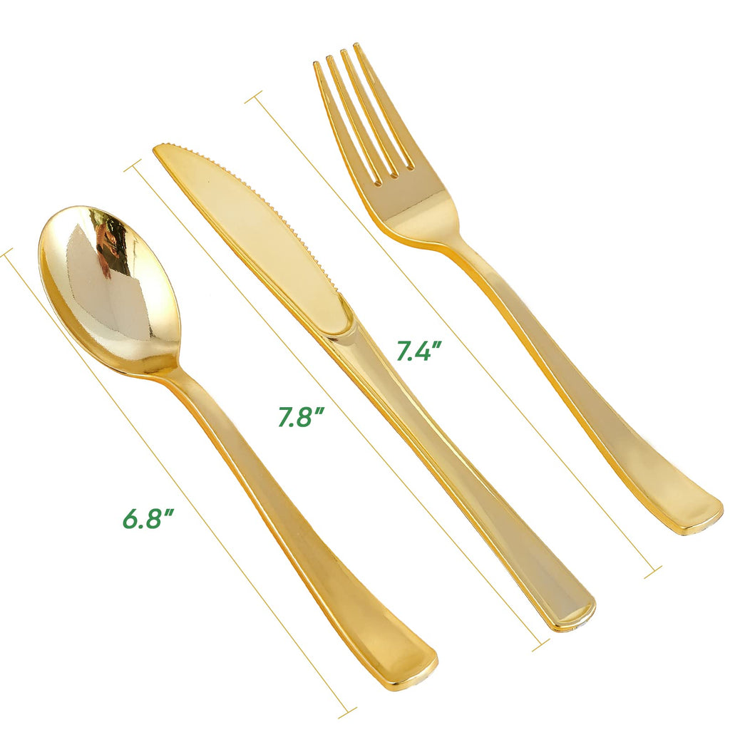 FOCUSLINE 75 Pack Gold Plastic Silverware Disposable Cutlery Set - 25 Forks Knives Spoons - Disposable Flatware Heavy Duty Plastic Utensils Set for Catering, Parties, Dinners, Weddings