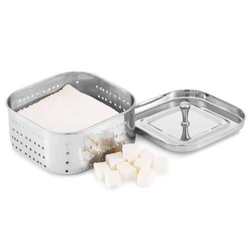KSJONE Stainless Steel Square Paneer Maker/Mould/Strainer Perfect for Making Delicious Tofu, Stainless Steel Paneer Maker with Top Pressing Lid - Size 5.11"W x 5.11"L x 2.3"H inches
