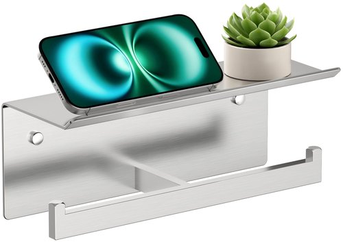 FORIOUS Double Toilet Paper Holder with Shelf, 304 Stainless Steel Wall Mount Commercial Toilet Paper Dispenser, Bathroom Tissue Roll Holder with Storage for Phone, Book, Essentials, Brushed Nickel