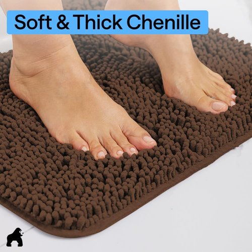 GORILLA GRIP Plush Chenille Bath Rug Mat - Soft, Absorbent, Machine Washable | Brown, Square Toilet Base