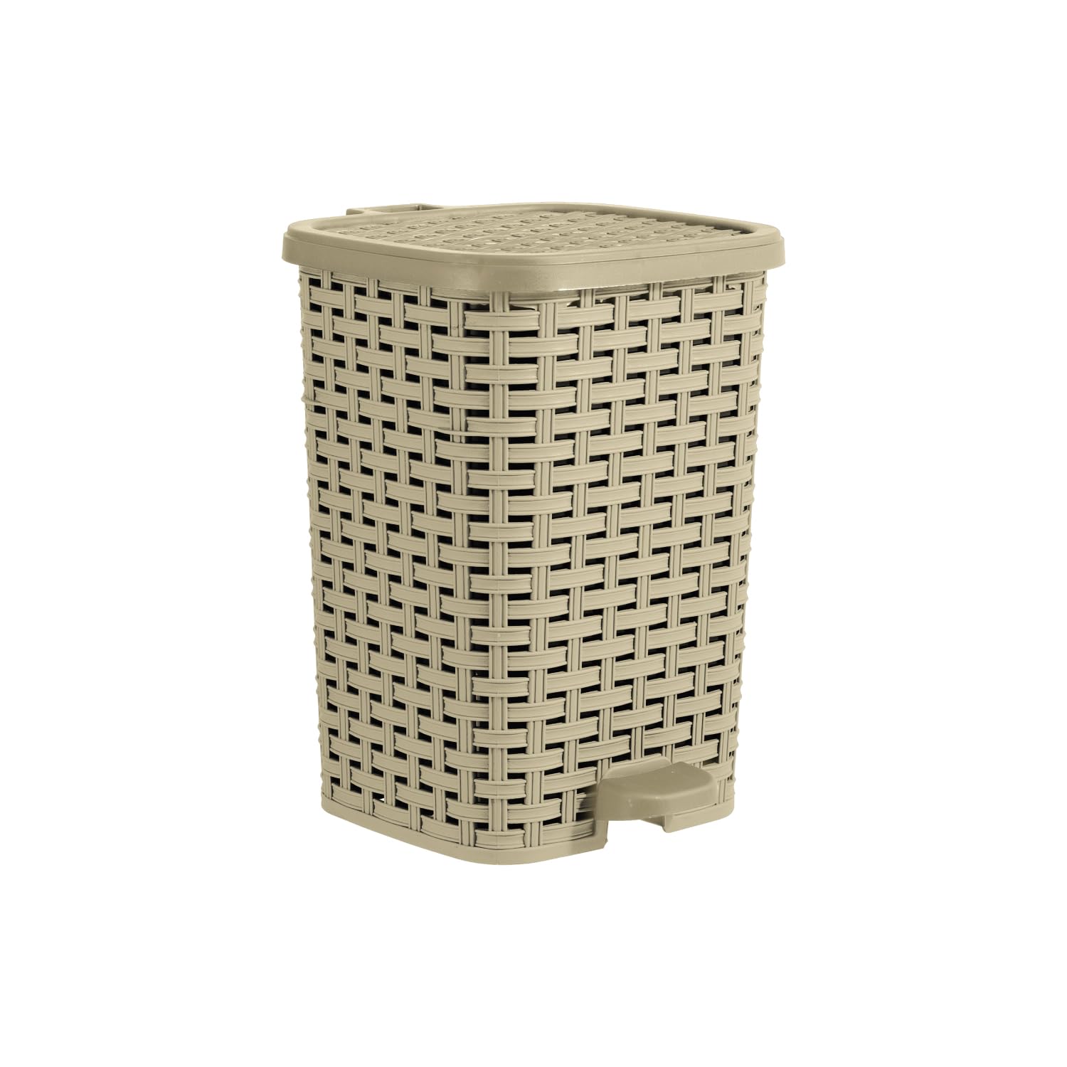 Superio Mini Trash Can with Foot Pedal Small Outdoor Garbage Can with Lid, 3 Gallon Plastic Waste Basket for Bathroom, Bedroom, Kitchen, Office, Patio (Wicker Beige 12 QT.)