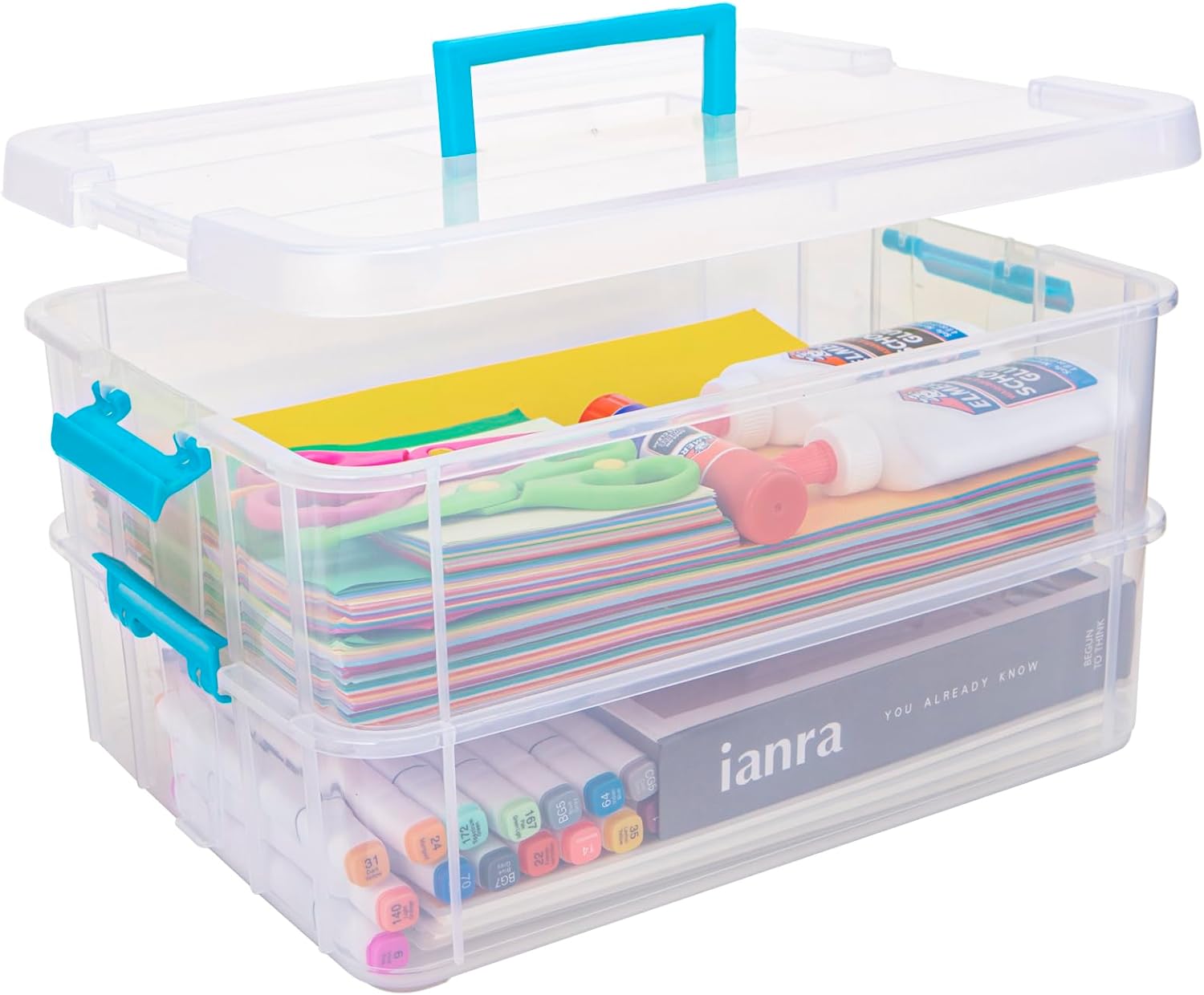 TERGOO Clear Plastic Storage Containers - 2 Layer Stackable Boxes for Crafts, Makeup & Sewing (Blue)