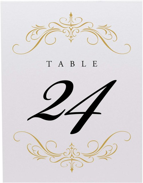Classic Flourish Wedding Table Numbers, Gold, 1-50, Double Sided, Tent or Use in a Stand, Great for Parties & Restaurants - Made in the USA