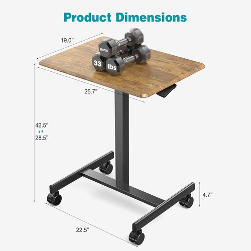 DUMOS Portable Rolling Laptop Desk - Adjustable Height Mobile Workstation for Home Office | 19 Inch, Brown