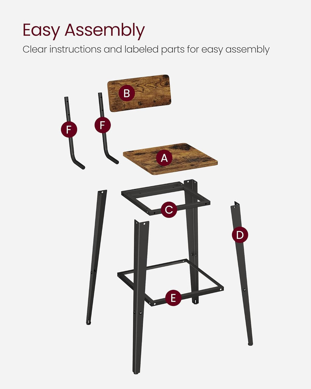 VASAGLE Bar Stools Set of 2 - 29.1-Inch Tall Industrial Style Chairs with Back | Rustic Brown & Ink Black