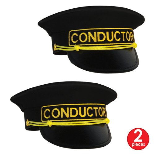 Beistle Conductor Hats – 2 Pack Black Train Conductor Costume Caps with Gold Embroidered Detail Vinyl Brim Railway Uniform Accessory for Cosplay Theater, Adult One Size