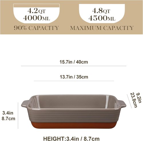 MALACASA Lasagne Dish - 4.8 Qt Brown Ceramic Baking Pan with Handles | 9 x 13 Inches, Deep Casserole Dish