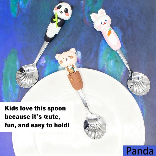 Cute Animal Design Stainless Steel Shell Spoons, Silver and White, Kids Tableware with Decorative Panda and Bear Handles, 3 Pack