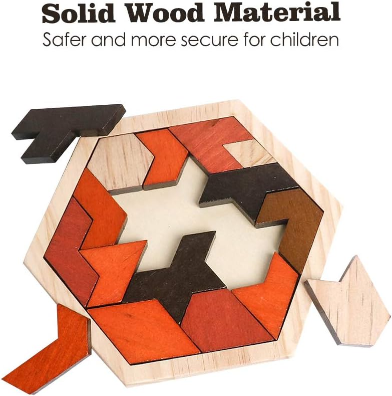 Skrtuan Wooden Hexagon Tangram Puzzle - Educational Brain Teaser for Kids & Adults | Portable Montessori Toy