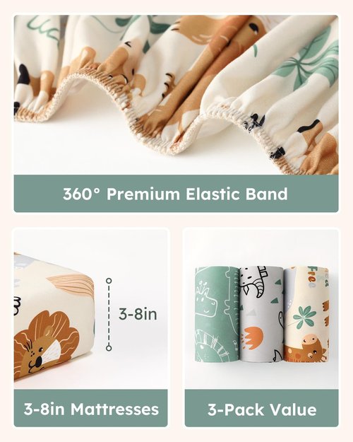 Unnivoll Baby Crib Sheets for Boys Girls, 28x52x8in Fitted Crib Sheet Neutral 3 Pack for Standard Crib and Toddler Mattress, Breathable Soft Microfiber Baby Sheet Green & Apricot Lion