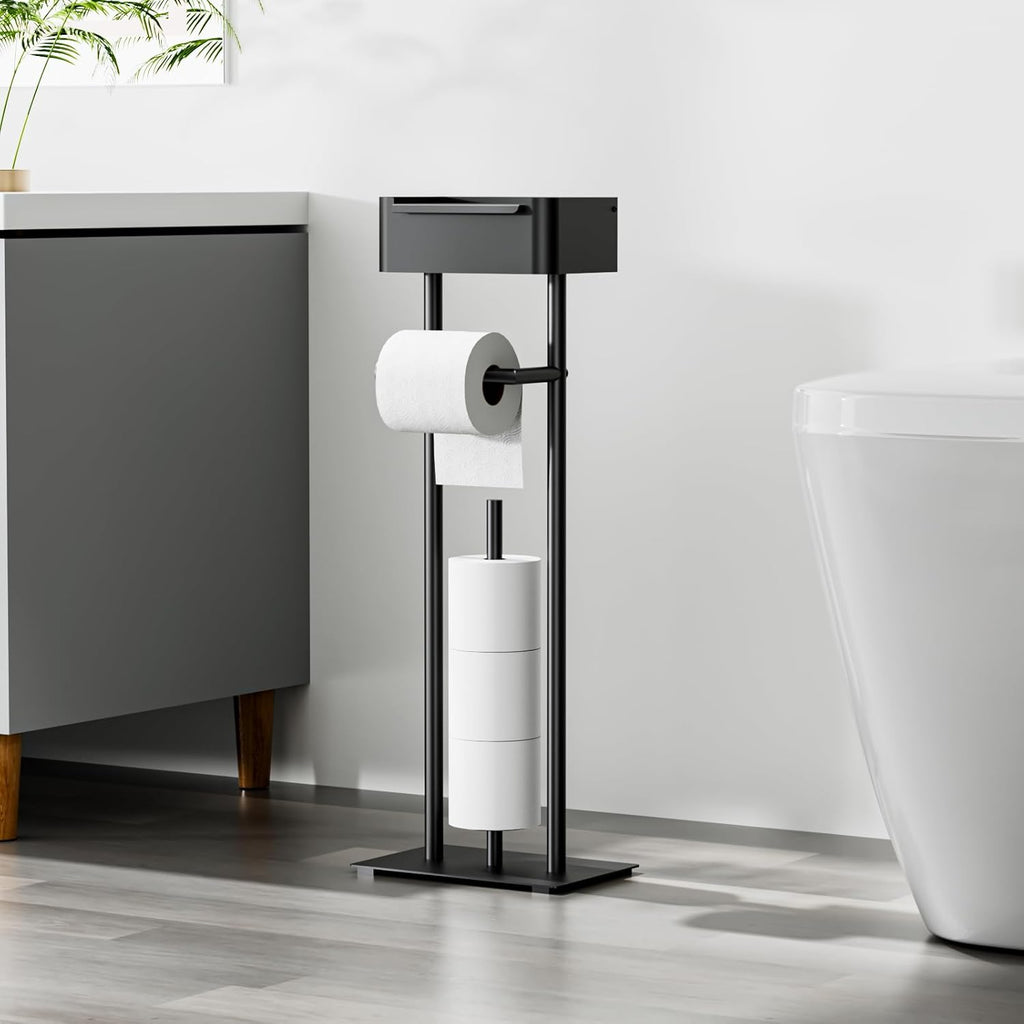 Skiennix Free Standing Toilet Paper Holder - Stylish Bathroom Organizer with Shelf for 4 Rolls | 29.7" x 12.6" (Matte Black)