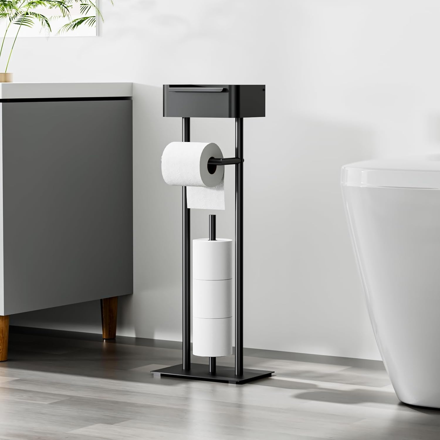 Skiennix Free Standing Toilet Paper Holder - Stylish Bathroom Organizer with Shelf for 4 Rolls | 29.7" x 12.6" (Matte Black)