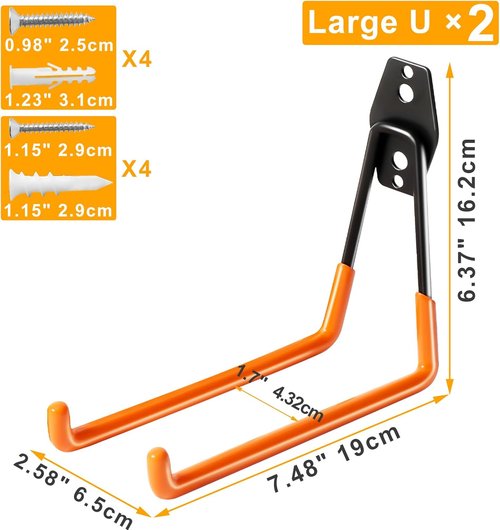 KURUI Heavy Duty Garage Hooks - 2 Pack Metal Storage Hooks for Ladders & Tools | Wall Mount Utility Hangers