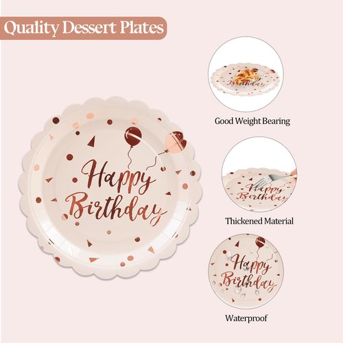HFBOBP 50PCS Happy Birthday Paper Plates and Napkins Set - 7 Inch Pink Rose Gold Birthday Cake Plates Scalloped Dessert Plate Disposable Tableware for Birthday's Party Supplies Decorations