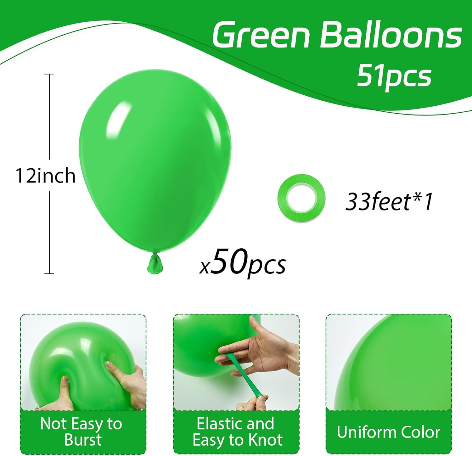 Awenztech Green Balloons - 12 Inch Latex Balloons | 50 Pack for Birthday, Baby Shower & Party Decor