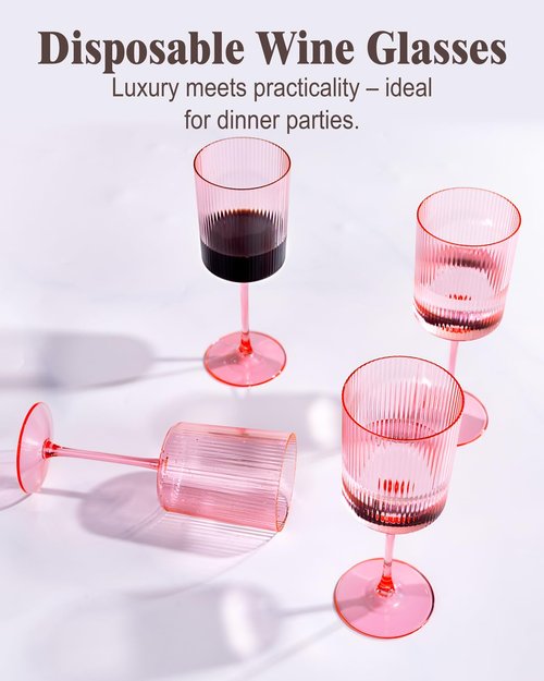 Ciaell 12 PCS Pink Plastic Ribbed Wine Glasses - 10 OZ Plastic Square Wine Glasses with Stem - Disposable Champagne Cups for Parties & Weddings & Easter