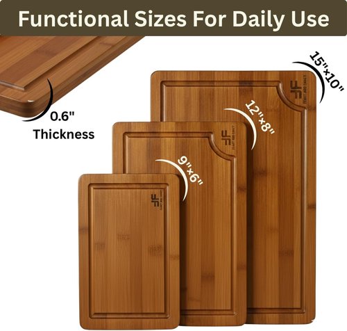 Bamboo Cutting Board Set - 3-Piece Wooden Chopping Boards with Deep Juice Grooves & Built-In Handles