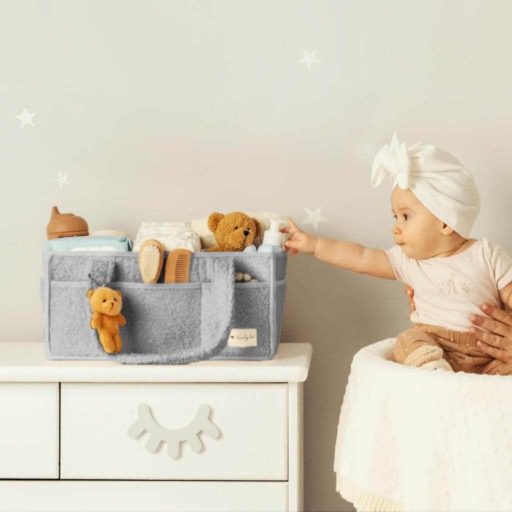 Sweety Fox Baby Diaper Caddy Organizer - Portable Sherpa Nursery Basket | Grey Car Diaper Organizer & Gift