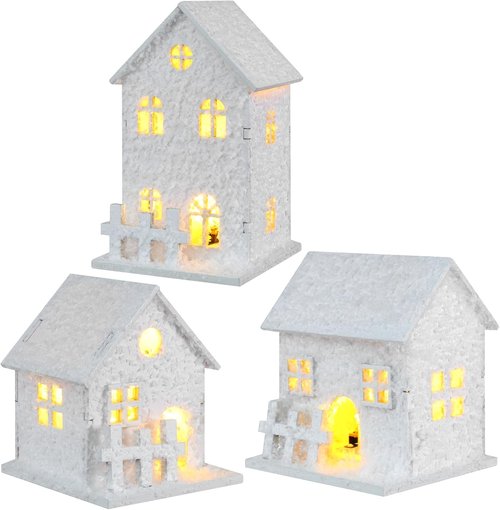 Cabilock Christmas Village Houses Set - 3PCS White Wood Snowflake Figurines with LED Lights | Holiday Tabletop Decor