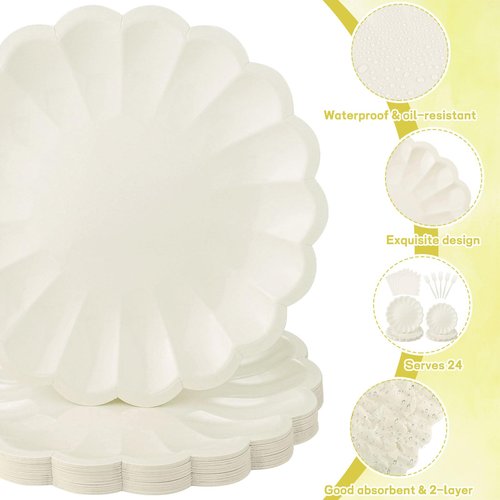 96 Pcs Ivory Paper Plates and Napkins Party Supplies Serve 24 Guests Include Scalloped Dinner Plate 9.5", Dessert Plate 7.5", Napkins Plastic Forks for Baby Bridal Shower Wedding Birthday