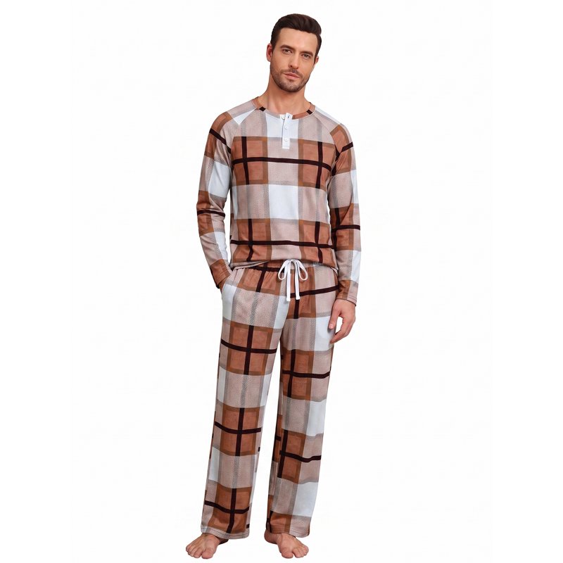 Men's Brown White Plaid Couple Pajama Sets - Soft Sleepwear with Pockets