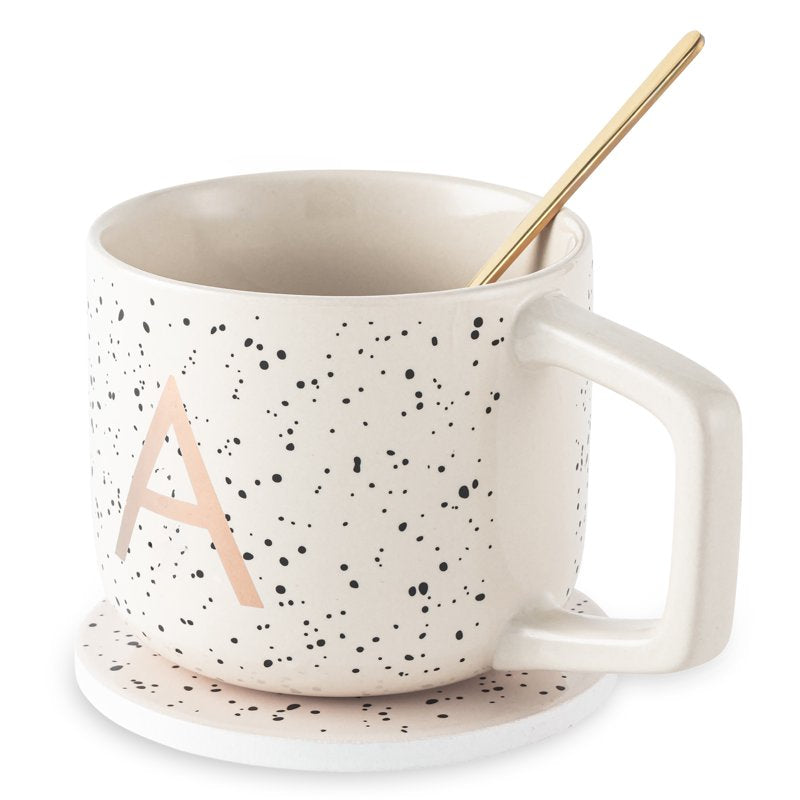 Monogram A Stoneware Coffee Mug Set with Coaster & Stir Spoon