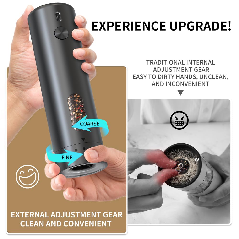 Rechargeable Salt and Pepper Shakers,Electric Salt and Pepper Grinder Set with LED Light for Kitchen, Adjustable 6-level with Base,2 Pack Set