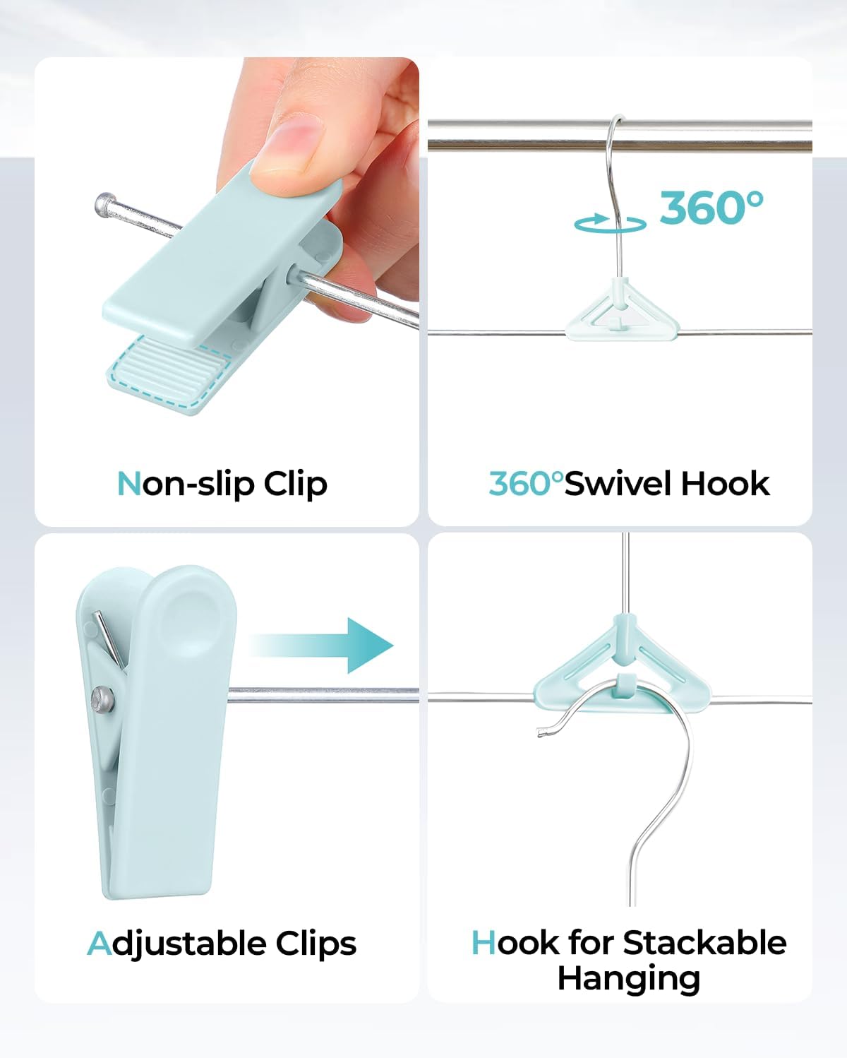 Skiennix Pants Hangers with Clips - 30 Pack Stackable Space-Saving Closet Organizer | Adjustable Non-Slip Clips, 360° Swivel Hook, Blue