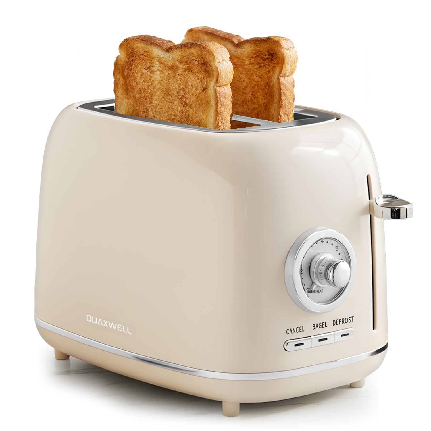 QUAXWELL 2-Slice Toaster, Wide Slots, 7 Bread Shade Settings, Stainless Steel, Bagel, Cancel, and Defrost Functions, Removable Crumb Tray, Retro Style Toaster,Beige