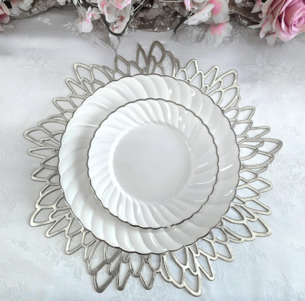 Occasions 40 Pieces Pack Pressed Vinyl Metallic Placemats/Wedding Accent Centerpiece Placemat (Silver Leaf)