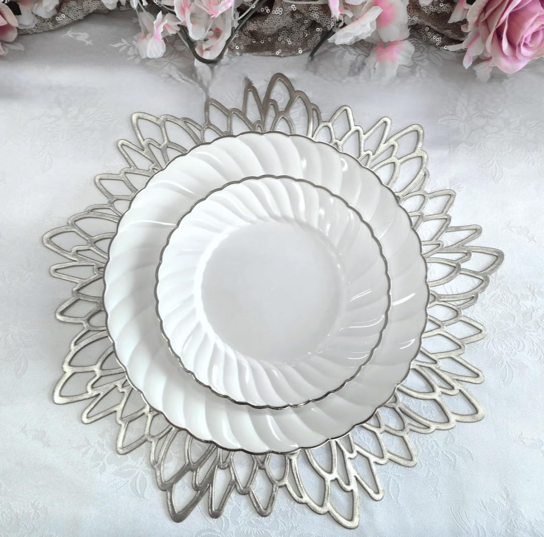 Occasions 40 Pieces Pack Pressed Vinyl Metallic Placemats/Wedding Accent Centerpiece Placemat (Silver Leaf)