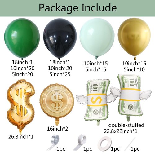 150Pcs Dollar Balloon Arch Kit, Green Metallic Gold Black Balloons with Dollar Foil Balloons for Birthday Money Theme Casino Anniversary Poker Night Party Decorations