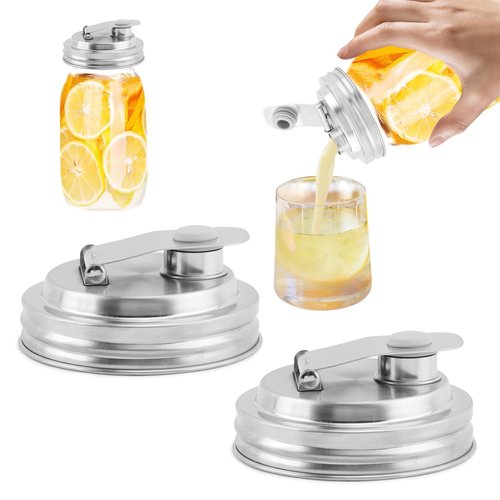 2 Pcs Mason Jar Pour Spout Lid, Stainless Steel Jar Lid Airtight Seal Cove-r Leakproof Mason Ja r Pitcher Lids for Drinking, Salad Dressing, Food Storing(COLOR:silver)