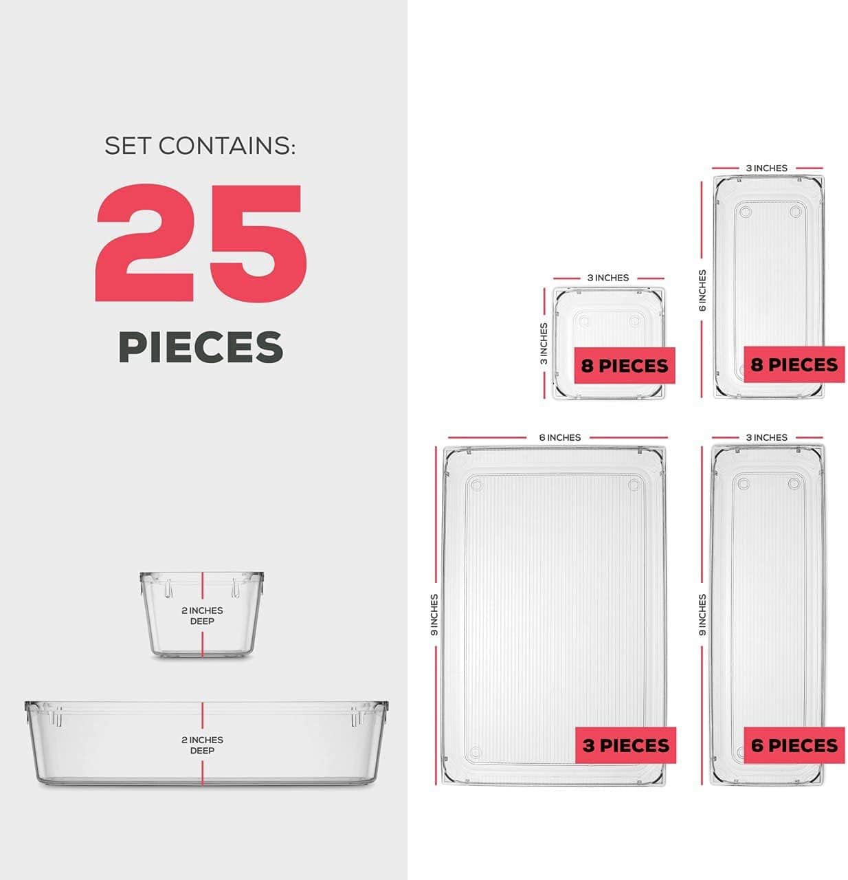 Seseno 25 PCS Clear Plastic Drawer Organizers - Versatile Storage Bins for Makeup, Kitchen & Office | 4 Sizes