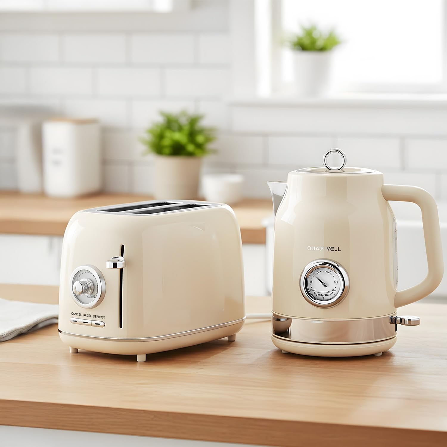 QUAXWELL 2-Slice Toaster, Wide Slots, 7 Bread Shade Settings, Stainless Steel, Bagel, Cancel, and Defrost Functions, Removable Crumb Tray, Retro Style Toaster,Beige