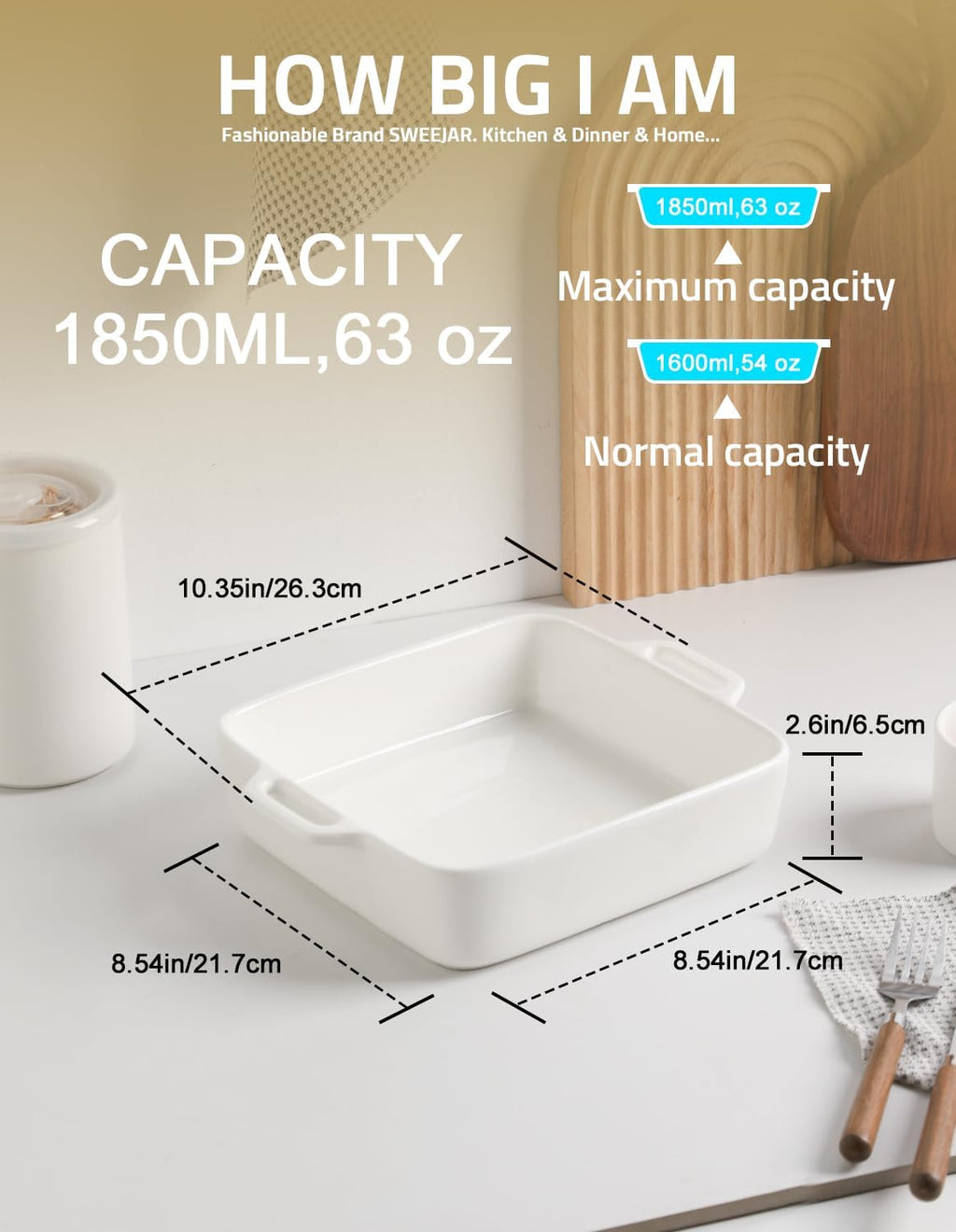 Sweejar 8x8 Baking Pan - Ceramic Casserole Dish with Double Handles | 2 QT Square for Brownies & Lasagna