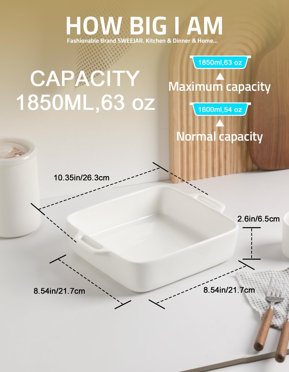 Sweejar 8x8 Baking Pan - Ceramic Casserole Dish with Double Handles | 2 QT Square for Brownies & Lasagna