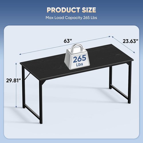DUMOS 63-Inch Computer Desk - Modern Writing & Gaming Workstation with Metal Frame | Black Wood Finish