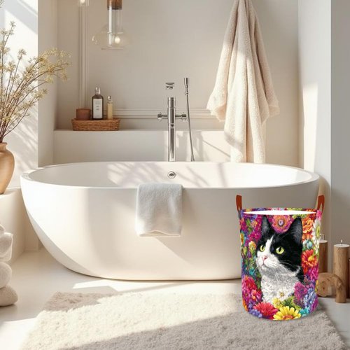 Laundry Baskets 15.7x19.7 Inch Large Cat Floral Garden Design Collapsible Laundry Hamper with Handles Oxford Fabric Clothes Storage Bin Foldable Dirty Clothes Organizer for Bedroom Bathroom Dorm