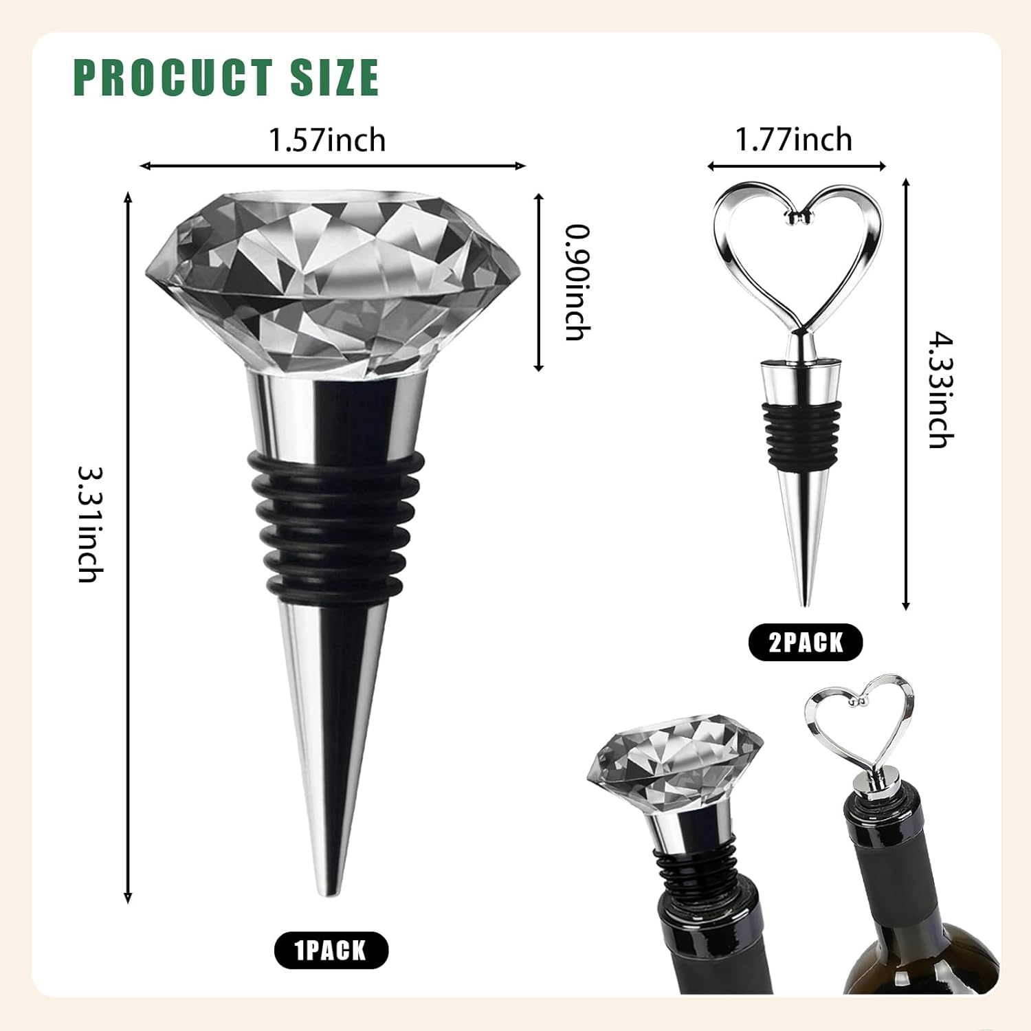 Wine stopper wine bottle stopper 3 piece mix set reusable wine bottle stopper wine drink bottle stopper long-lasting fresh decoration (3 piece set love, crystal)