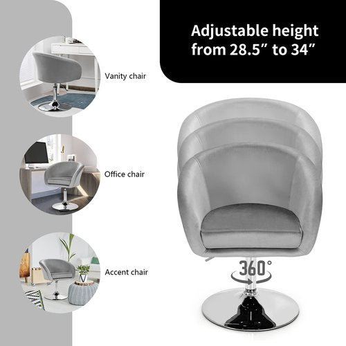 COSTWAY Vanity Chair, Height Adjustable Modern Velvet Makeup Chair with Chrome Frame, Round-Back, Comfortable Swivel Accent Leisure Chair for Living Room, Bedroom (Grey)